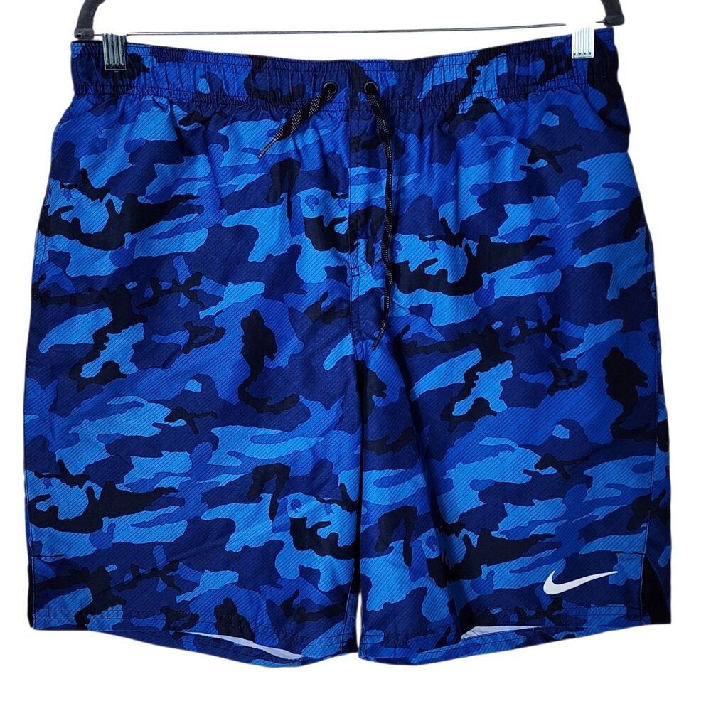 Nike Swim Trunks Mens L Blue Camo Board Shorts Drawstring Pocket Athletic
